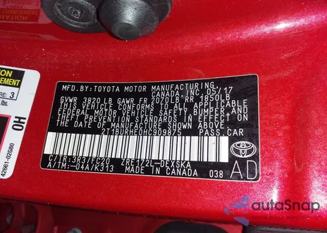 2017 Toyota Corolla Se из США, поврежденный, VIN 2T1BURHE0HC909875